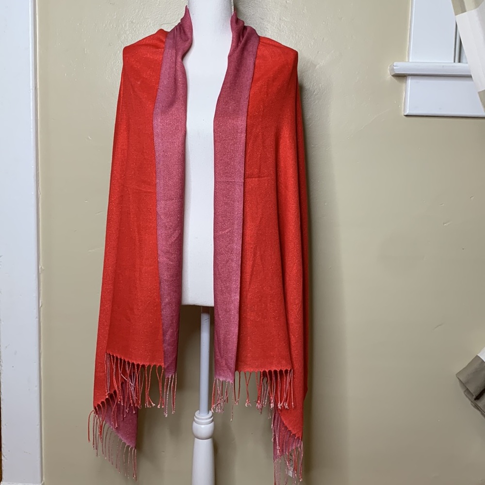 PRETTY PERSUASIONS Red, Mauve & Gold Shimmer Wide Shawl Style Scarf NWT